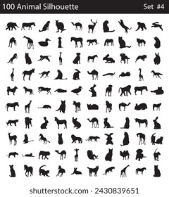 Vector set of 100 very detailed animal silhouettes. Animals icon set with 100 vector. Simple filled farm icons isolated on a white background. Good for apps and web sites. all animal set vector