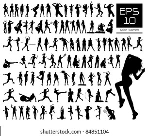 Vector Set Of 100 Very Detailed Sport Women Silhouettes