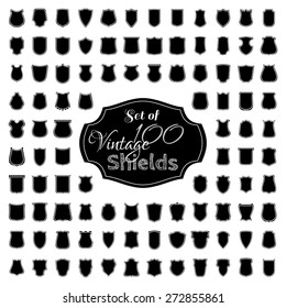 Vector set of 100 vintage shields. Black heraldic shield silhouettes. Retro borders, frames, labels design.