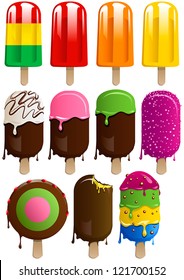 Vector set of 11 colorful fruit and chocolate ice lolly