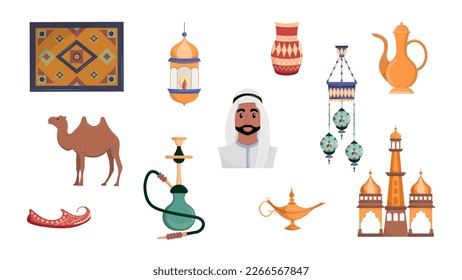 Vector set of 11 Eastern Islamic cultural items. Traditional Arabic elements from the Middle East. Flat vector illustration.