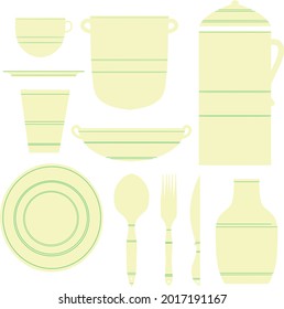 Vector set of 11 types of pale yellow utensils with a transparent background.