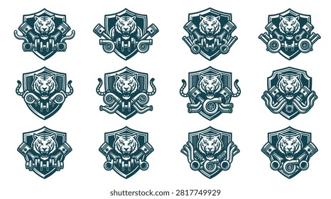 Vector set of 12 automotive mascot emblems featuring a roaring tiger head inside a shield integrated with mechanical engine components including turbochargers, pistons, and crankshafts.
