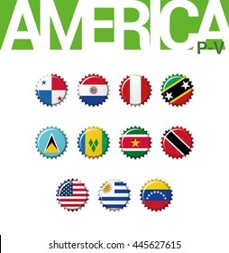 Vector Set of 12 bottle cap flags of America (P-V). Set 3 of 3. Panama, Paraguay, Peru, Saint Kitts and Nevis, Saint Lucia, Saint Vincent, Suriname, Trinidad and Tobago, USA, Uruguay, Venezuela.