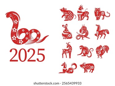 Vector set of 12 Chinese zodiac animals with floral motifs in red and white tones, isolated on white, perfect for calendars and educational materials.