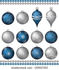Vector set of 12 Christmas decorations (blue and silver)