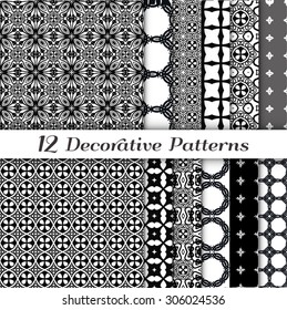 Vector Set of 12 decorative geometric patterns, graphic backgrounds collection, repeating fabric texture. Black and white