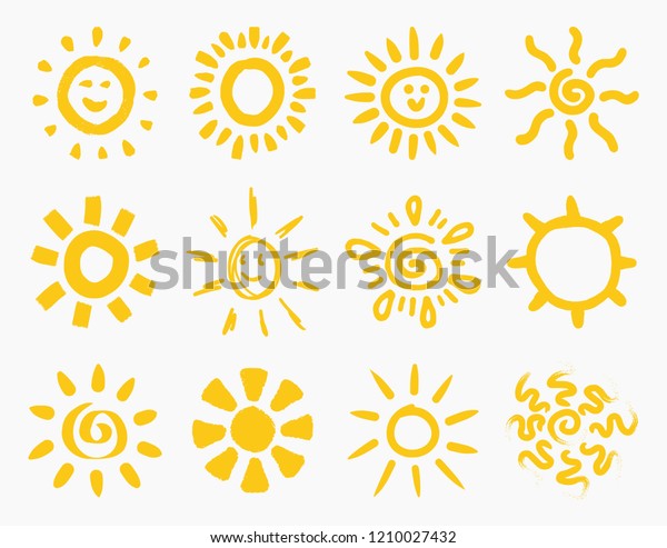 白い背景に12種類の手描きの黄色い太陽イラストのベクター画像セット のベクター画像素材 ロイヤリティフリー