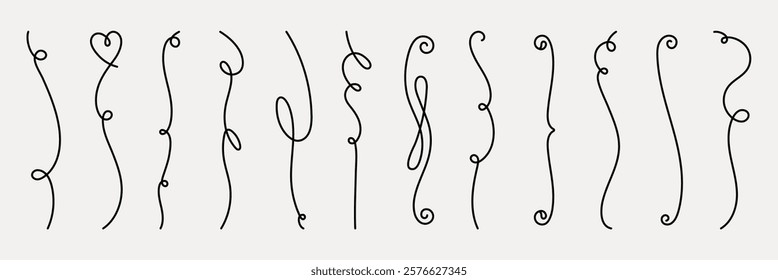 Vector set. Set of 12 elegant, curly line designs. Each line is unique, showcasing various curls and loops. Perfect for decorative, artistic, and creative projects. Hand drawn ornament vector set.