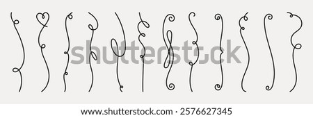 Vector set. Set of 12 elegant, curly line designs. Each line is unique, showcasing various curls and loops. Perfect for decorative, artistic, and creative projects. Hand drawn ornament vector set.