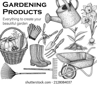 Vector set of 12 elements for gardening. Graphic linear watering can, garden rake and shovel, rubber boots, household gloves, daffodil seedling, sprout, wheelbarrow, pruner, basket with harvest