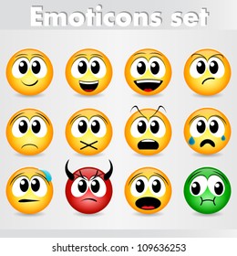 Vector set of 12 emoticons with different facial expressions