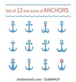 Vector set of 12 flat icons of vintage marine anchors on isolated background. Various forms and shape. Could be used as elements of heraldic or nautical design.