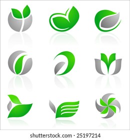 vector set of 12 floral symbols in green and gray color