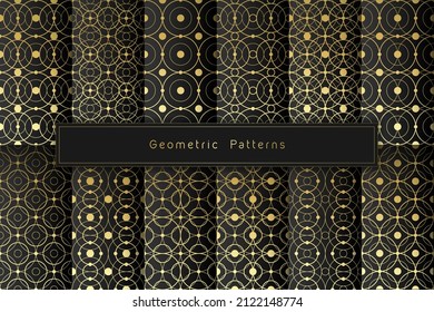 Vector set of 12 golden graphic line geometric seamless patterns on black background; Sacred geometry and dot work motifs; Minimalist style.