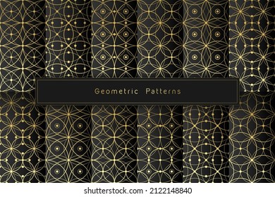Vector set of 12 golden graphic line geometric seamless patterns on black background; Sacred geometry and dot work motifs; Minimalist style.