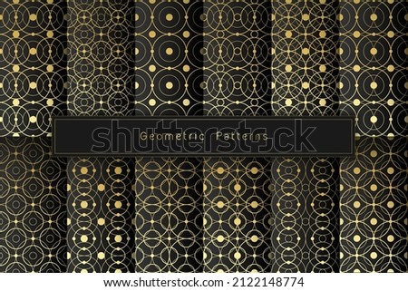 Vector set of 12 golden graphic line geometric seamless patterns on black background; Sacred geometry and dot work motifs; Minimalist style.