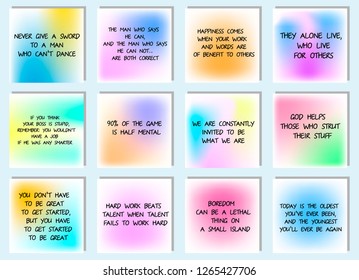 Vector Set with 12 inspiration motivation, positive, life quotes for blogger. Template for social media post on gradient background