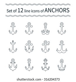 Vector set of 12 linear icons of vintage marine anchors on isolated background. Various forms and shape. Could be used as elements of heraldic or nautical design.