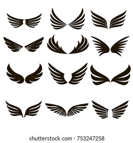 Vector set of 12 pairs of black wings on a white background