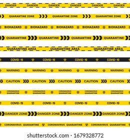 Vector set of 12 quarantine warning tapes. Illustration consists of biohazard sign, coronavirus, quarantine, danger zone, caution tapes with text. Seamless stripes isolated on white background.