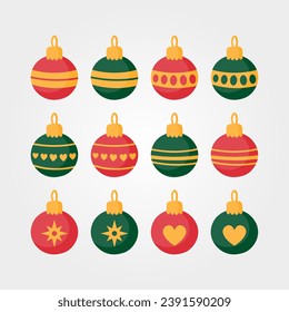 Vector set of 12 red and green Christmas decoration globes
