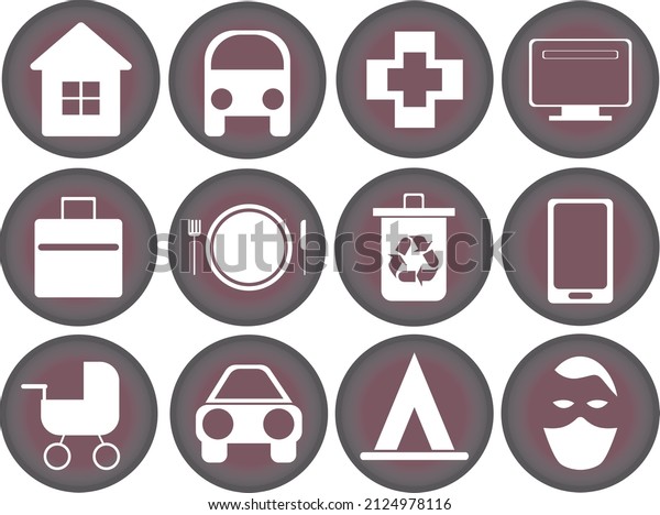 Vector set of 12 round icons with car, bus,\
mask, baby stroller, camp, cross, computer, smartphone, house, bag,\
recycle bin, plate with spoon and knife, grey with pink hue. Vector\
illustration
