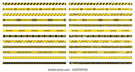 Vector set of 12 seamless warning tapes pairs isolated on white background. Caution, Danger, Under Construction and other tapes with grunge copy. Fully editable file for your projects.