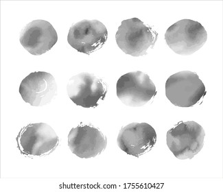 Vector set of 12 smoky black and white ink spots with watercolor texture. For digital brushes, abstract backgrounds, monochrome design. Isolated elements and hand drawn imitation.  Monochrome backdrop