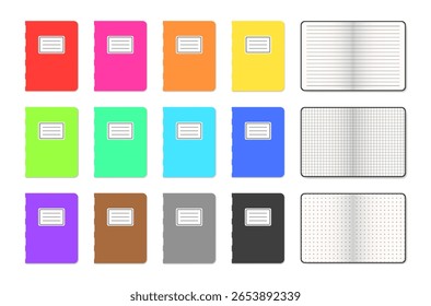 Conjunto vetorial de 12 cadernos de capa com costura em design plano Inclui vermelho, rosa, laranja, amarelo, verde, azul, azul, marinha, roxo, marrom, cinza, preto. As páginas internas mostram papel com linhas, grade e pontilhado.