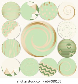 Vector set of 12+1 round label design IN GOLDEN & GREEN. Collection of decor elements with hand drawn textures. Beautiful Scrapbook Elements. Ideal for cards, posters, invitations. Isolated.