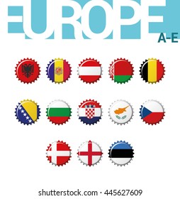 Vector Set of 13 bottle cap flags of Europe (A-E). Set 1 of 4. Albania, Andorra, Austria, Belarus, Belgium, Bosnia and Herzegovina, Bulgaria, Croatia, Cyprus, Czech Rep, Denmark, England, Estonia.