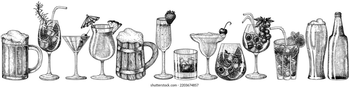 Vector set of 13 glasses of drinks in engraving style. Graphic linear aperol, mojito, strawberry champagne, berry cocktail, martini, iced whiskey, cherry margarita, pina colada, ale, beer bottle