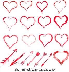 Vector, a set of 13 hand-drawn hearts with arrows