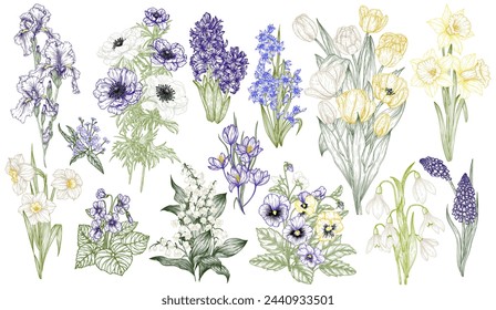 Vector set of 14 bouquets of spring flowers. Snowdrops, crocuses, brunnera, tulips, muscari, hyacinths, irises, daffodil, pansies, lily of the valley, anemone, scilla svg