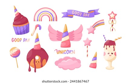Vector set of 14 bright unicorn stickers. Vector illustration