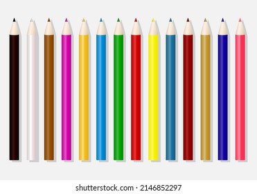 Vector set of 14 colored pencils realistic illustration on white background. Children's bright painting tools isolated. Design office stationery templates. 