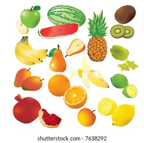 Vector set of 14 fresh fruits.