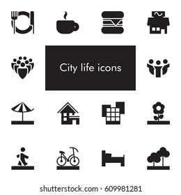 Vector set of 14 icons showing city life in one color