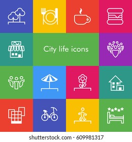 Vector set of 14 icons showing city life in outline style