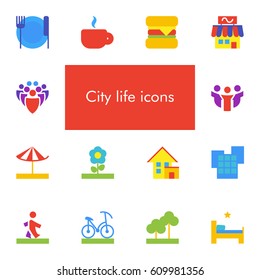 Vector set of 14 icons showing city life in flat material design style