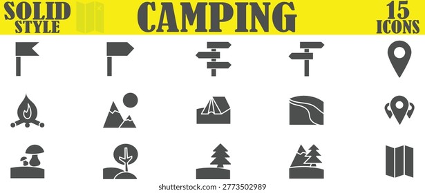 Vector Set of 15 Camping Outdoor Adventure and Nature Exploration Solid Icons