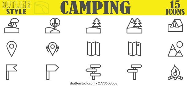 Vector Set of 15 Camping Outdoor Adventure and Nature Exploration Outline Icons
