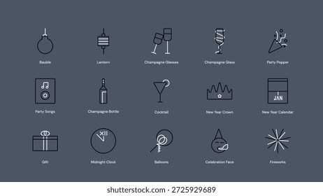 Vector set of 15 dual tone icons centered on the New Year. Ideal for adding flair to holiday designs. Icons include Celebration Face, Fireworks, Champagne Glasses, Champagne Bottle, Party Songs, New Year Calendar, Midnight Clock, Party Popper, New Year Crown, Lantern, Balloons, Bauble, Cocktail, Gift