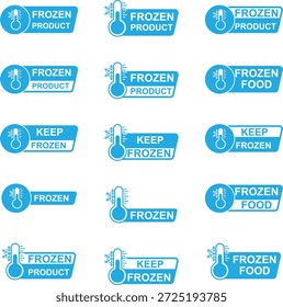Conjunto vetorial de 15 rótulos de produtos congelados em azul e branco, cada um com símbolos de termômetro e flocos de neve com texto como "Produto Congelado", "Alimentos Congelados" e "Manter Congelado". Ideal para design de embalagens, logística de cadeia de frio, visuais de segurança de alimentos e instruções de armazenamento de congelador