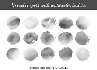 Vektor-Set mit 15 rauchigen schwarz-weißen Tintenflecken mit Aquarellfarbe. Für digitale Bürsten, abstrakte Hintergründe, einfarbiges Design. Einzelne Elemente und handgezeichnete Imitation.  einfarbiger Hintergrund