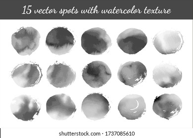 Vector set of 15 smoky black and white ink spots with watercolor textute. For digital brushes, abstract backgrounds, graphic design. Isolated elements and hand drawn imitation.  Monochrome backdrop