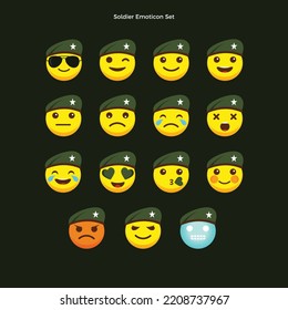 Vector set of 15 soldier emoticons.