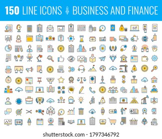 Vector set of 150 flat line web icons on following themes - business and finance. Collection modern infographic logo and pictogram.