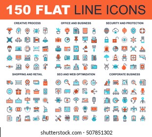 Vector set of 150 flat line web icons on following themes - creative process, corporate business, office and business, security and protection, shopping and retail, SEO and web optimization